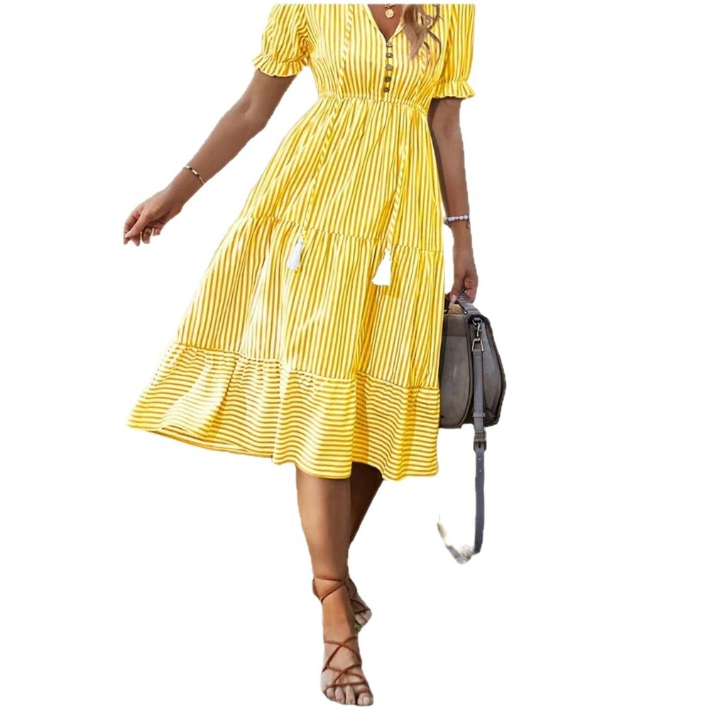 Women's Yellow Striped V-Neck Puff-Sleeve Tiered Midi Dress